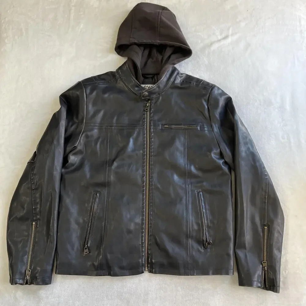 Levi's Jacket Mens Medium Black Faux Leather Hooded Motorcycle Full Zip Lined